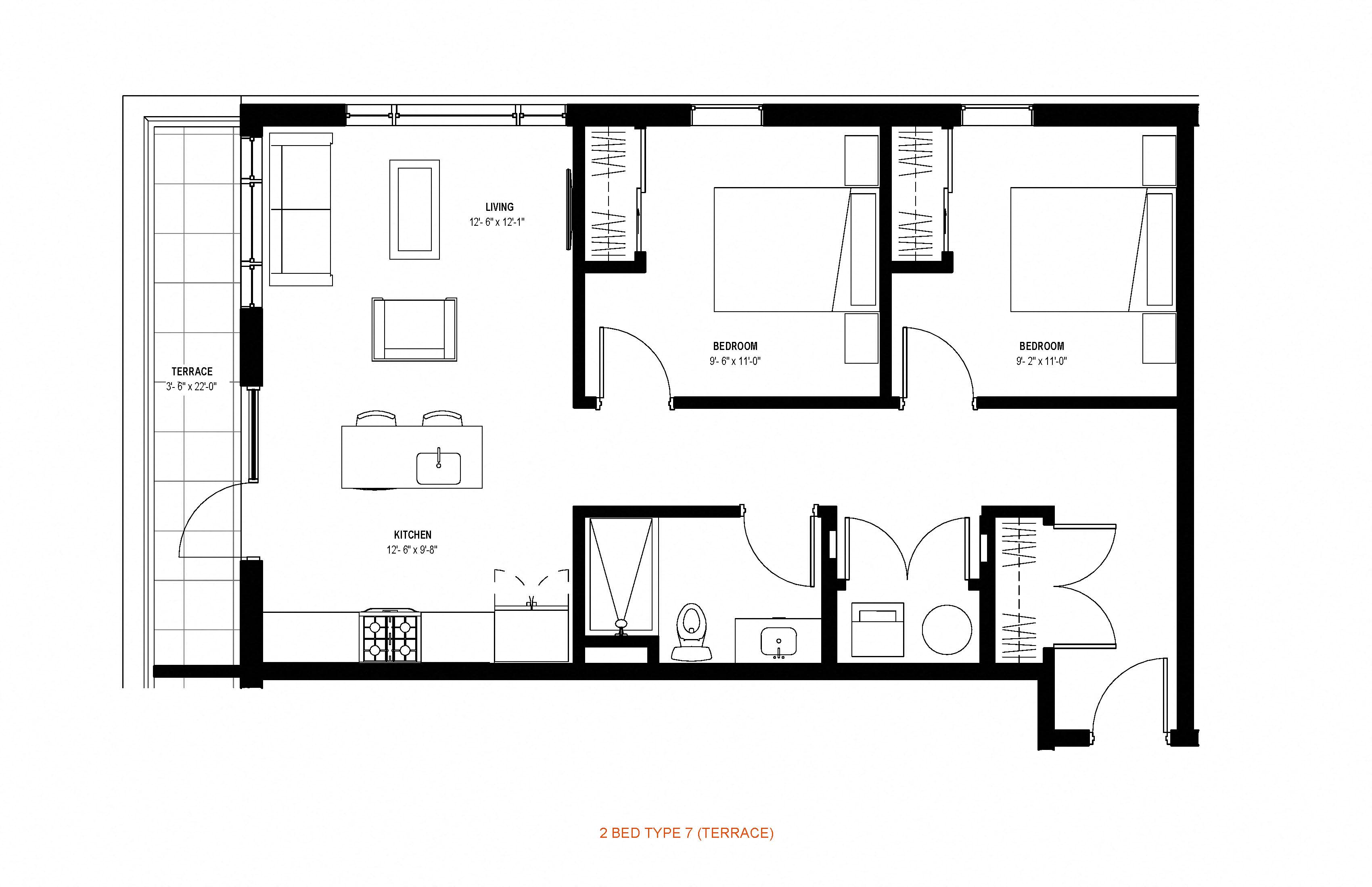 Floor plan for 2 beds, 1 bath, 888 sqft